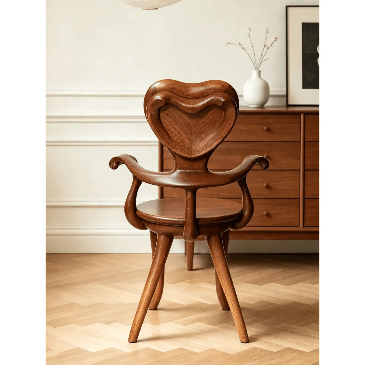 Sculptural Heartback Carved Wood Armchair with Curved Arms
