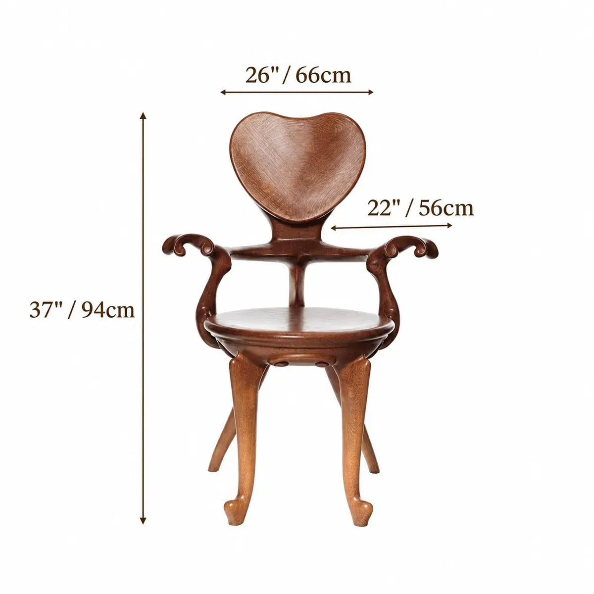 Sculptural Heartback Carved Wood Armchair with Curved Arms