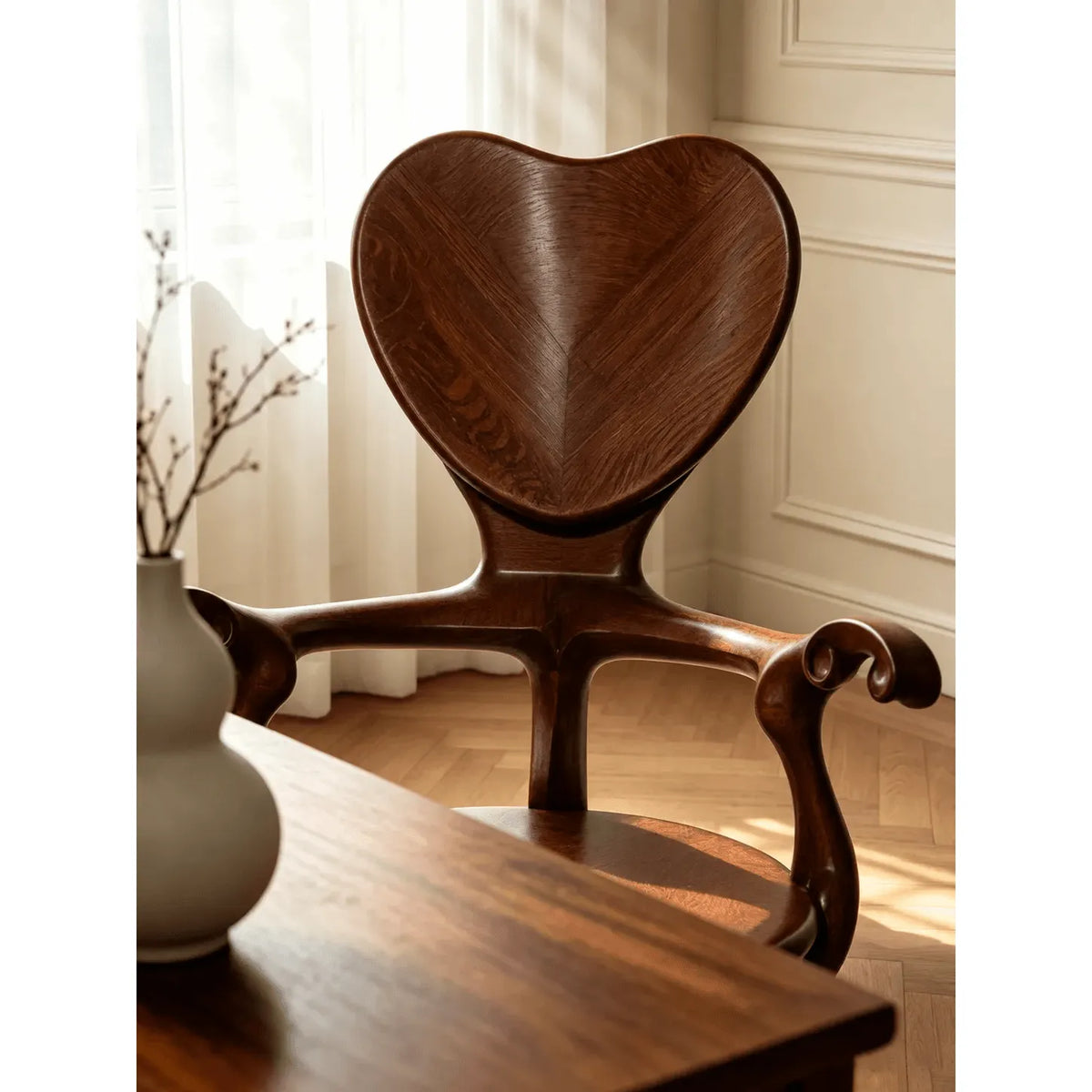 Sculptural Heartback Carved Wood Armchair with Curved Arms