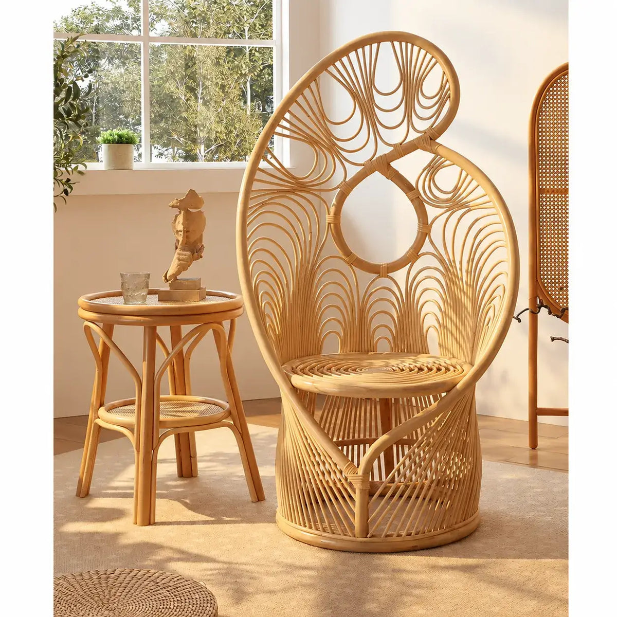 Sculptural Honey-Tone Rattan Accent Chair with Phoenix Back and Resort Style