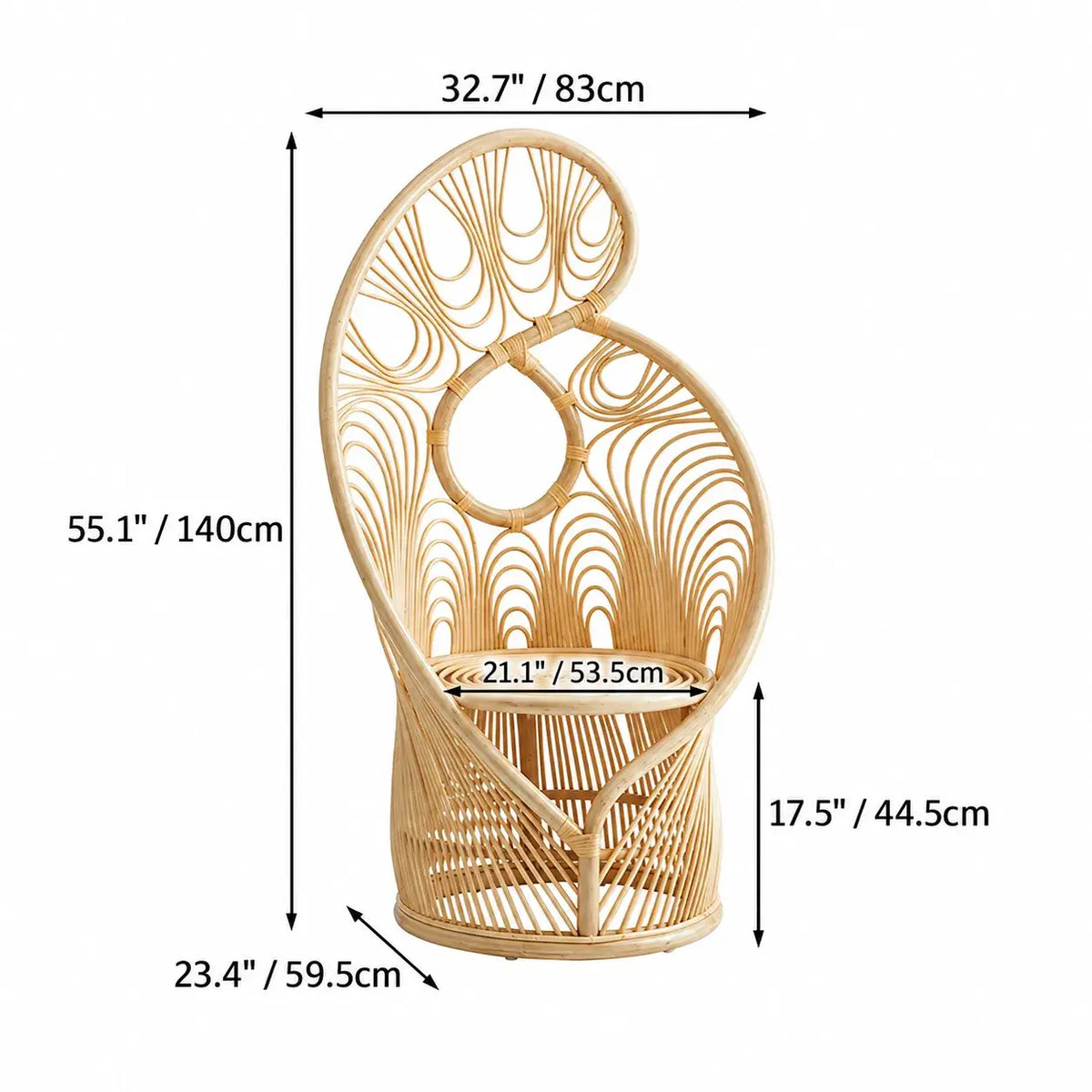 Sculptural Honey-Tone Rattan Accent Chair with Phoenix Back and Resort Style Dimensions