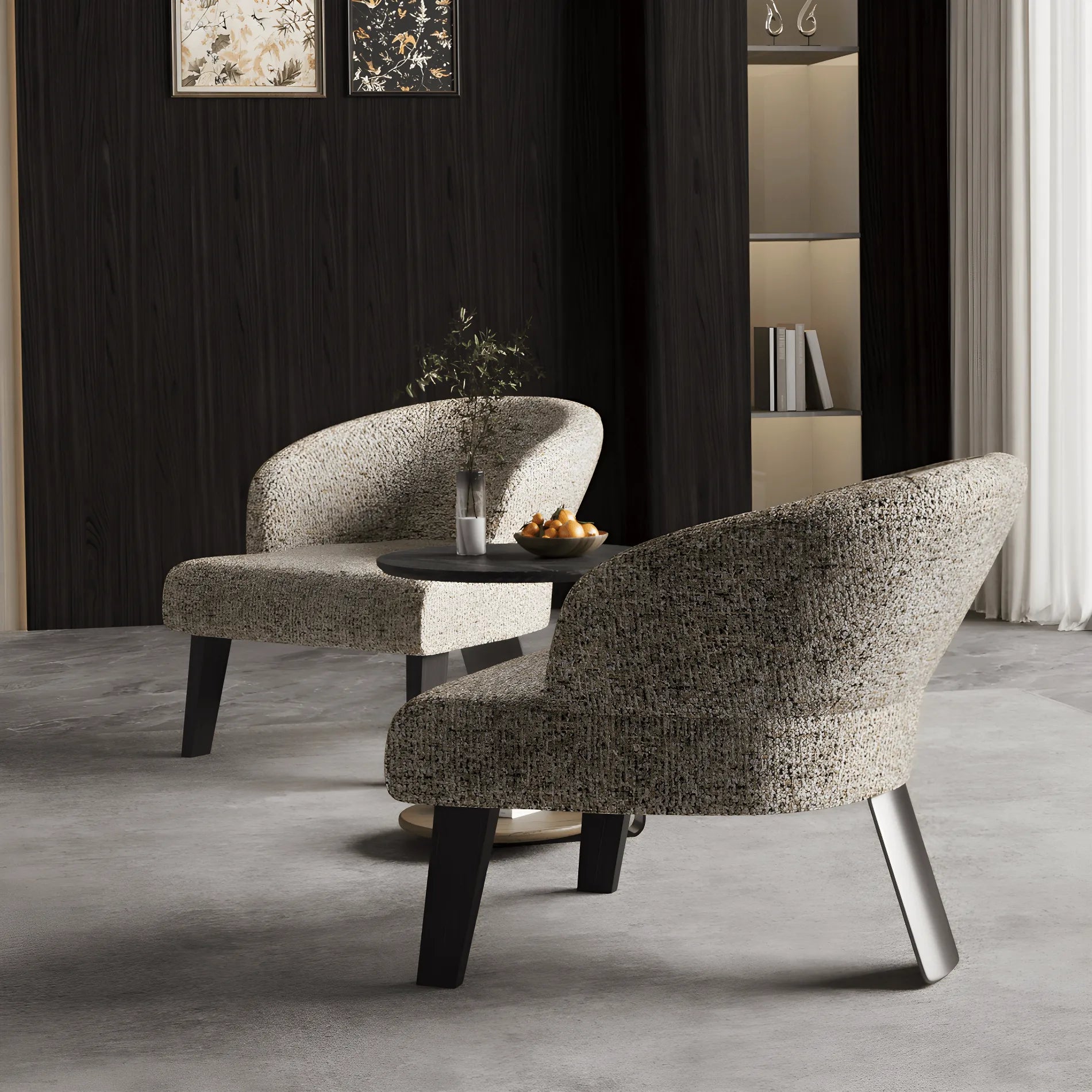 Sculptural Italian Accent Chair with Curved Shelter Arms and Textured Upholstery