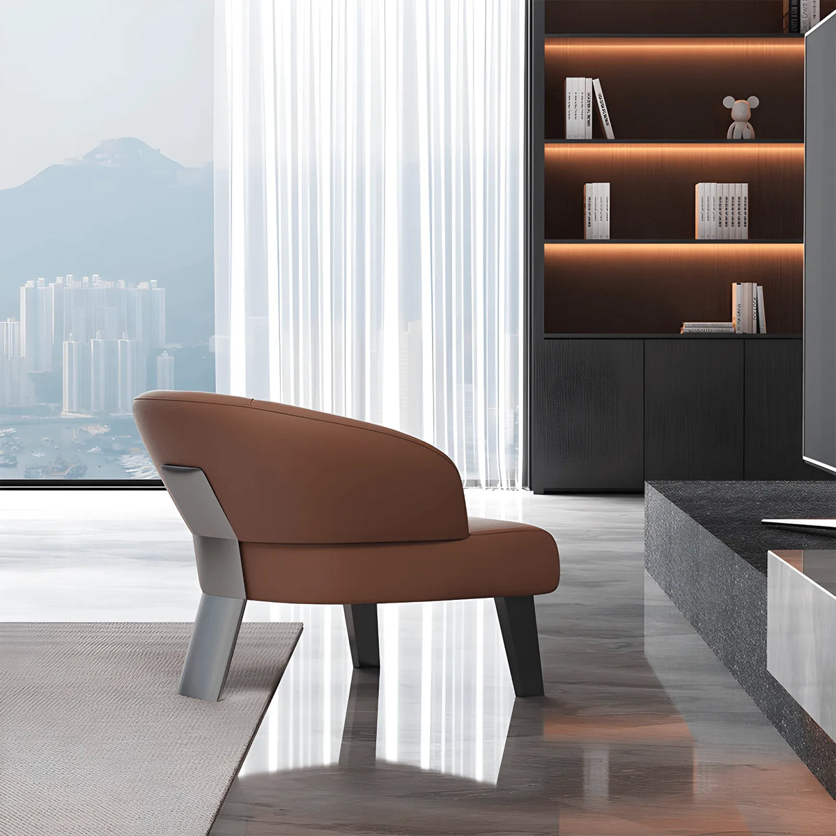 Sculptural Italian Accent Chair with Curved Shelter Arms and Textured Upholstery