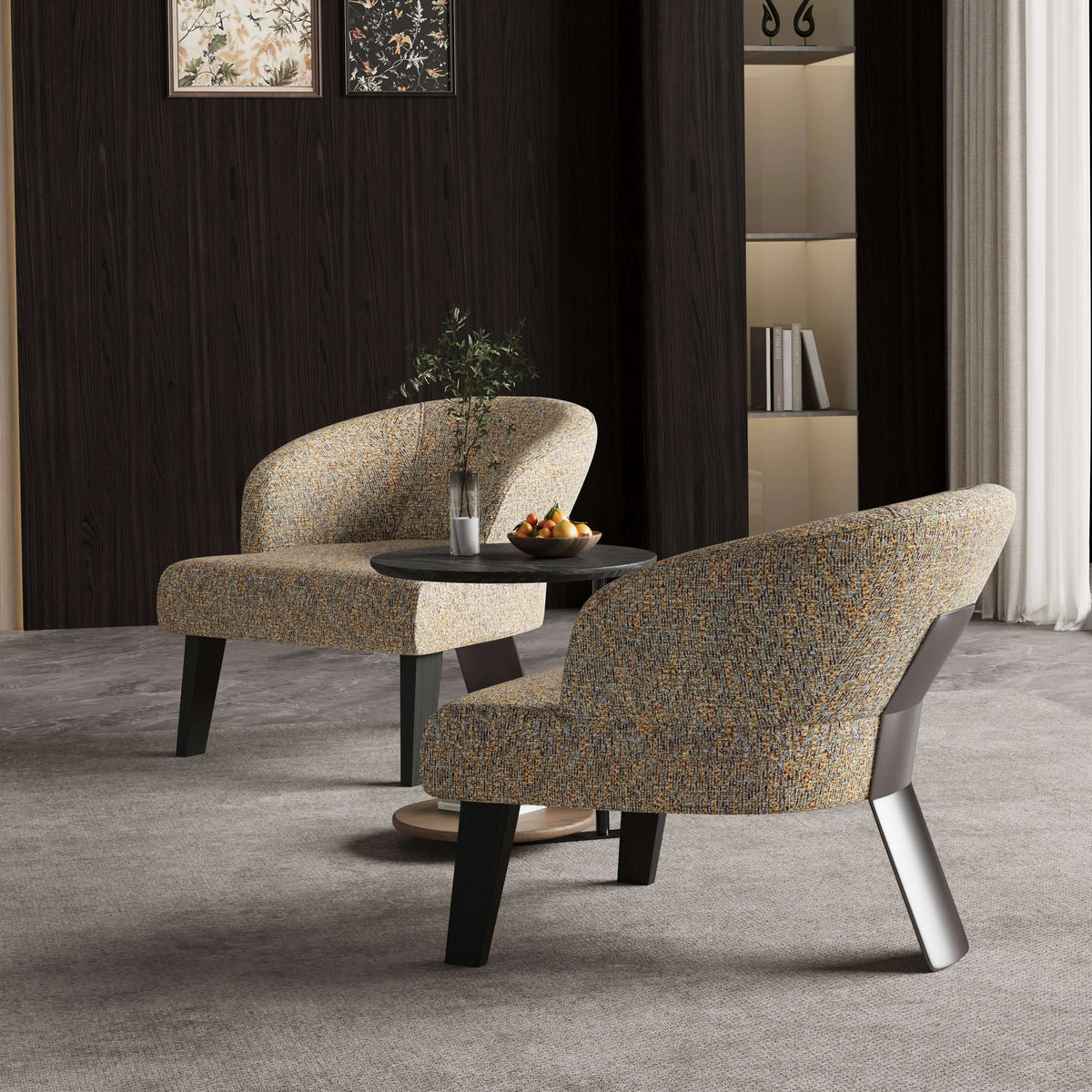 Sculptural Italian Accent Chair with Curved Shelter Arms and Textured Upholstery