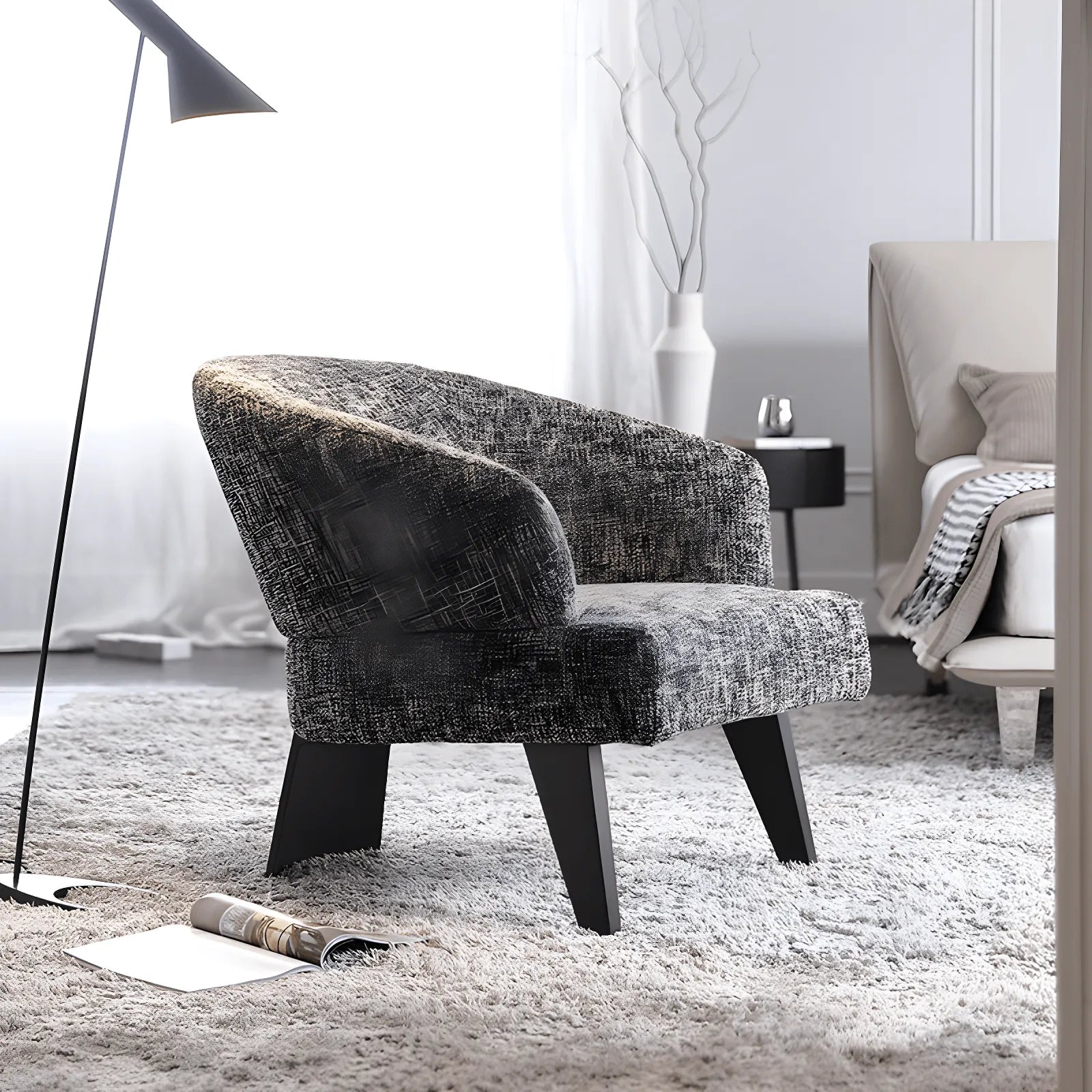 Sculptural Italian Accent Chair with Curved Shelter Arms and Textured Upholstery