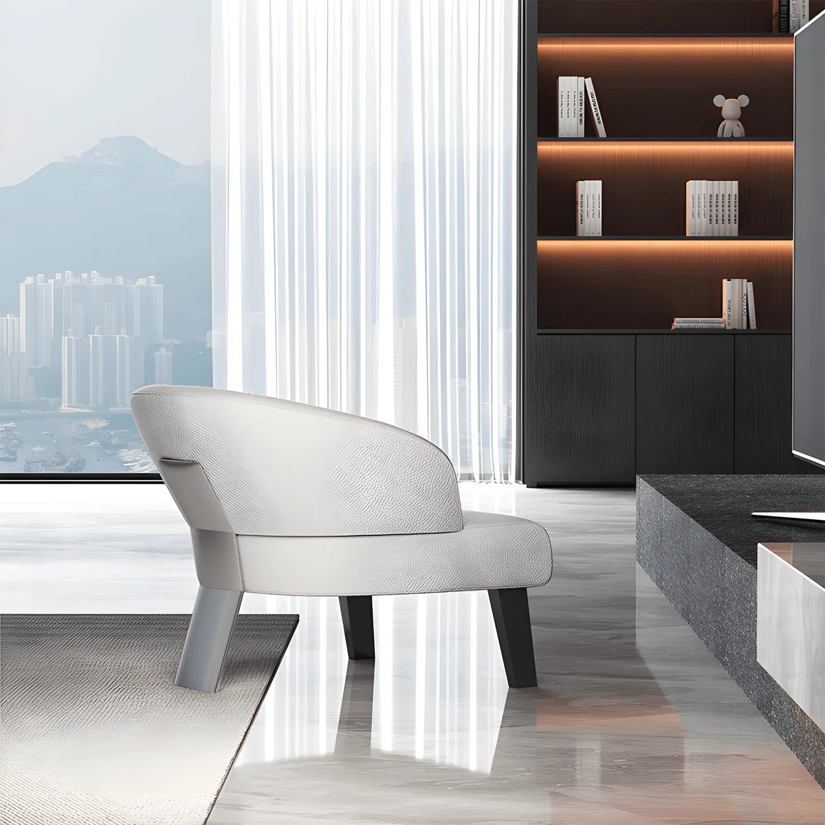 Sculptural Italian Accent Chair with Curved Shelter Arms and Textured Upholstery