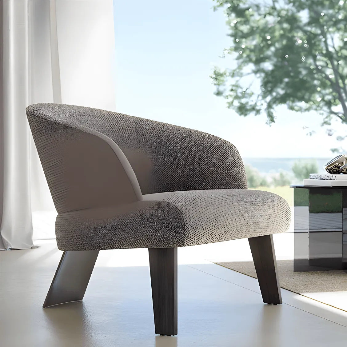 Sculptural Italian Accent Chair with Curved Shelter Arms and Textured Upholstery