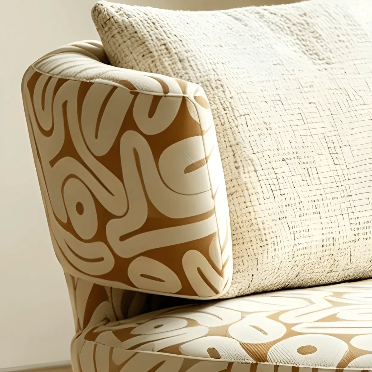Sculptural Khaki Graffiti Swivel Chair With Curved Lounge Silhouette