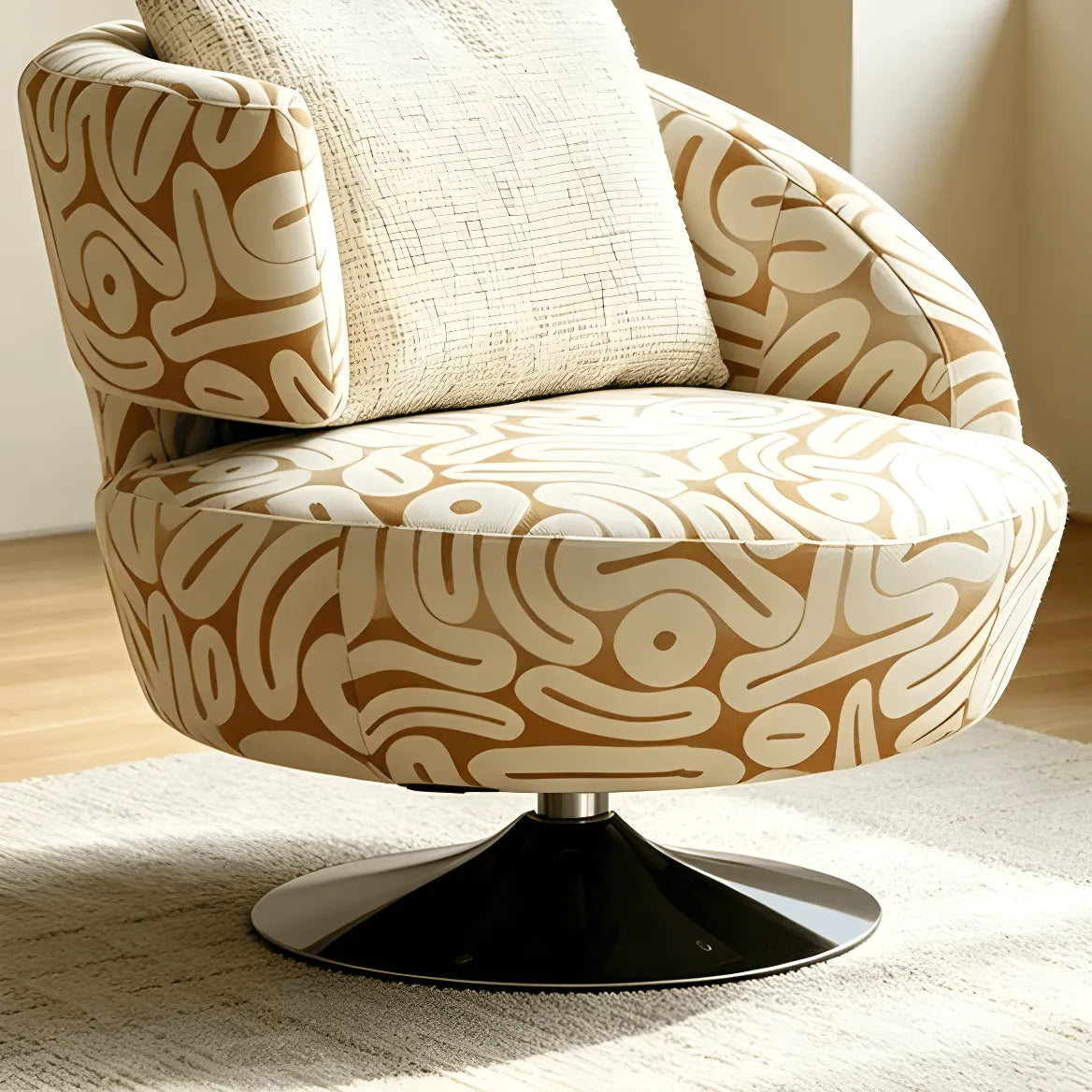 Sculptural Khaki Graffiti Swivel Chair With Curved Lounge Silhouette