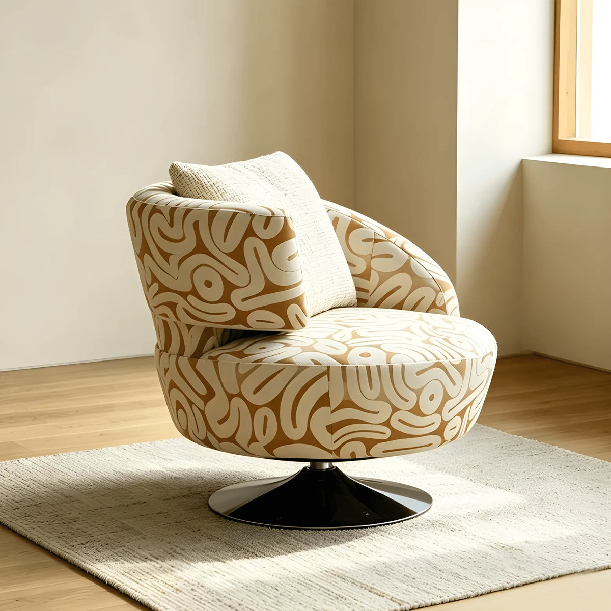 Sculptural Khaki Graffiti Swivel Chair With Curved Lounge Silhouette