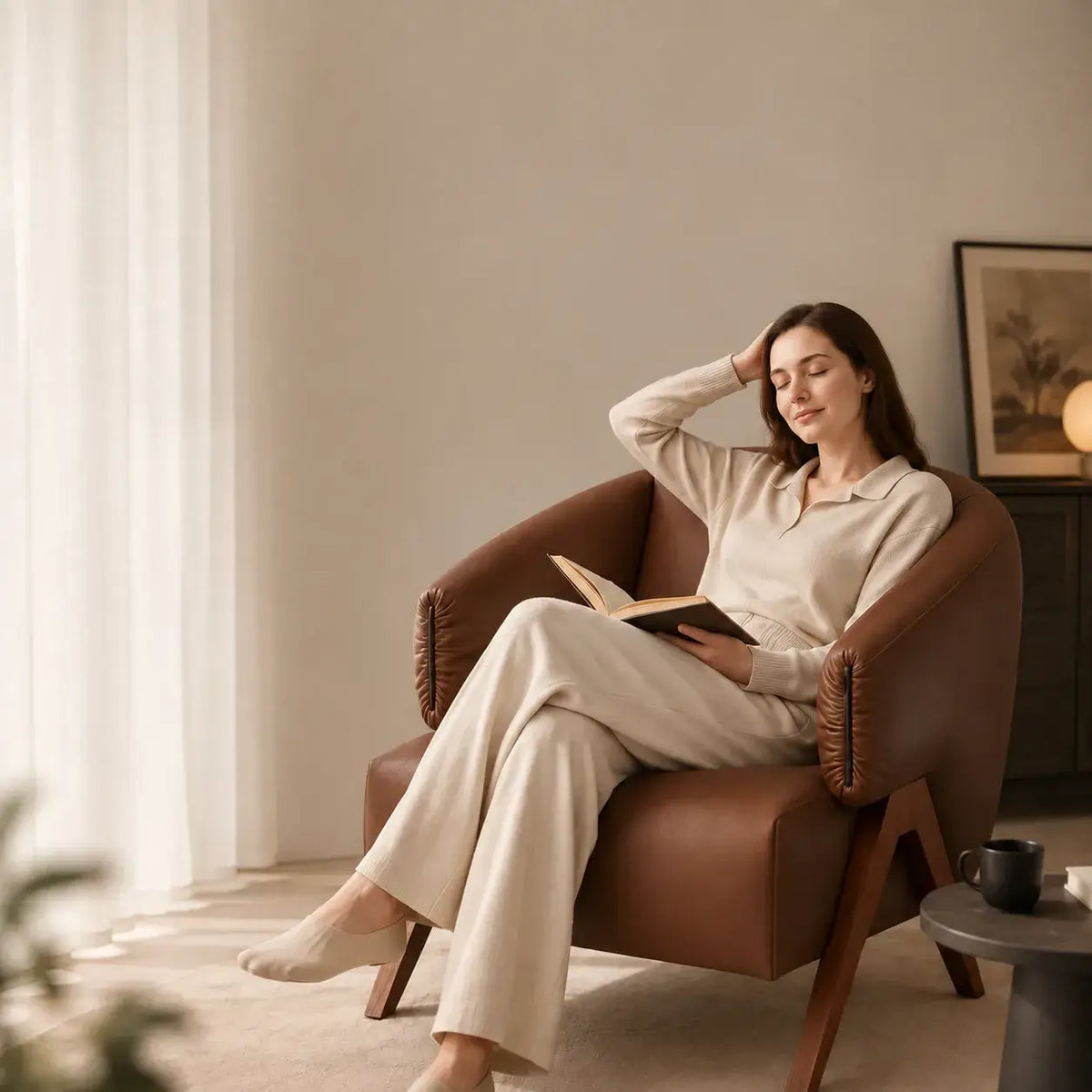 Sculptural Leather Accent Chair with Walnut Frame for Lounge Corners