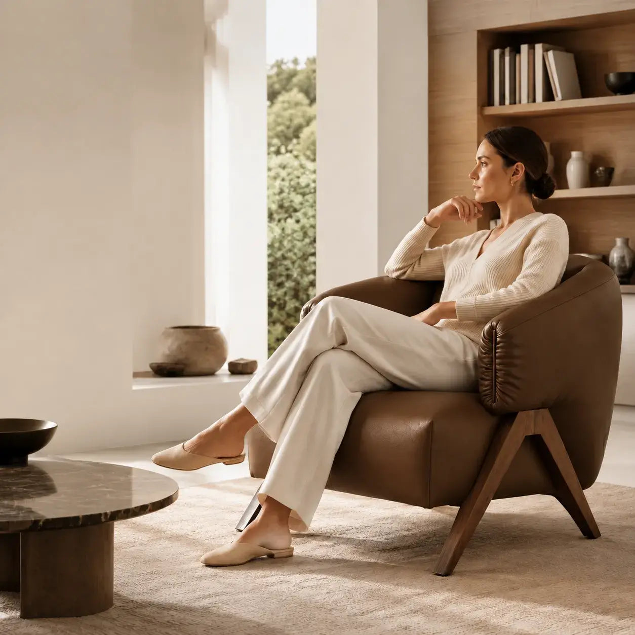 Fauteuil d'appoint sculptural en cuir avec structure en noyer pour coins salon Image secondaire du produit