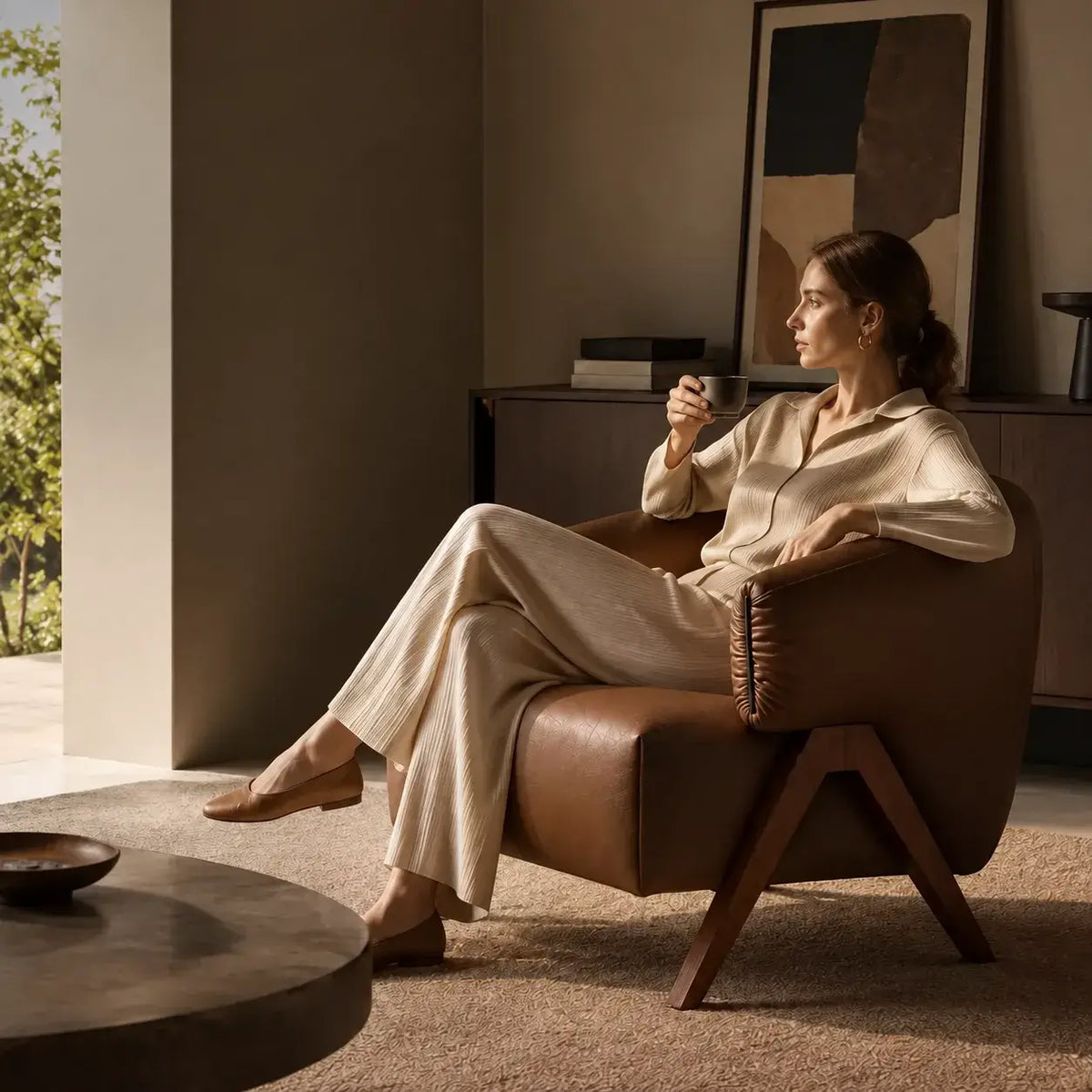 Sculptural Leather Accent Chair with Walnut Frame for Lounge Corners