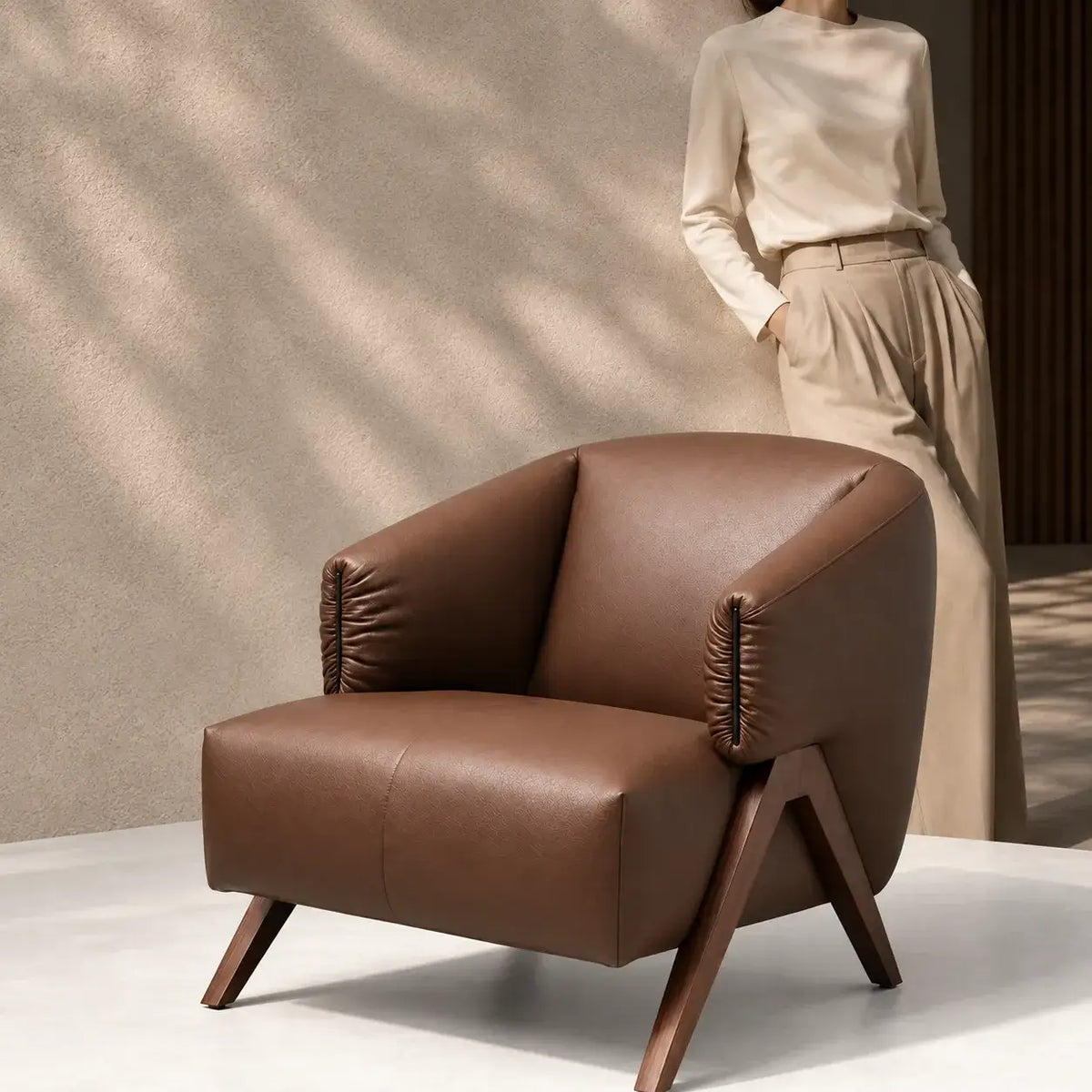 Sculptural Leather Accent Chair with Walnut Frame for Lounge Corners