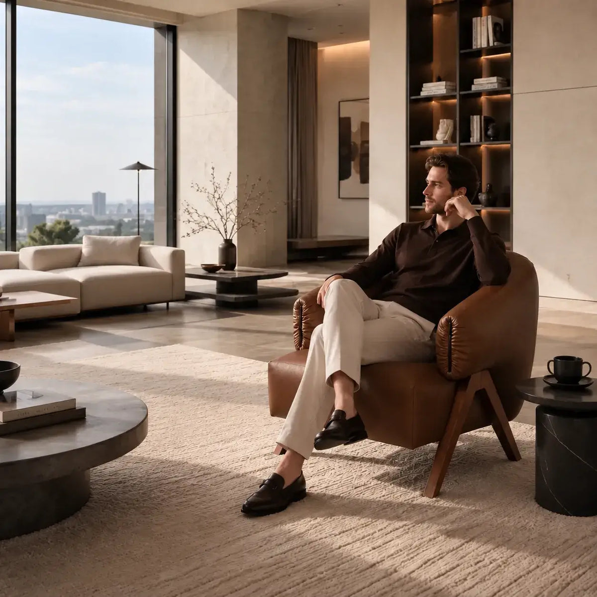 Sculptural Leather Accent Chair with Walnut Frame for Lounge Corners