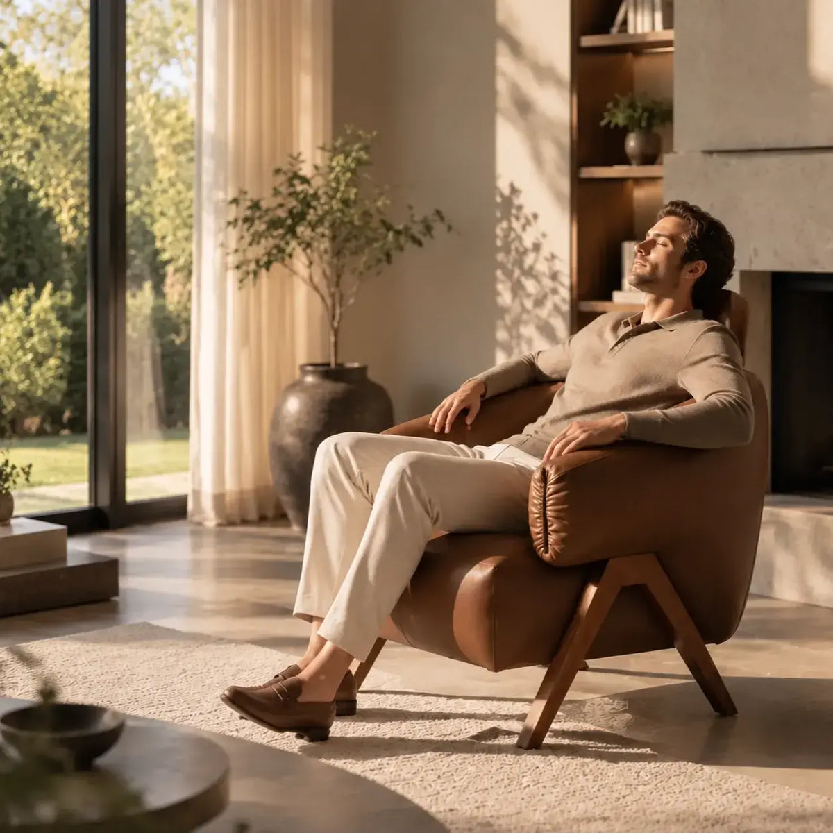 Sculptural Leather Accent Chair with Walnut Frame for Lounge Corners
