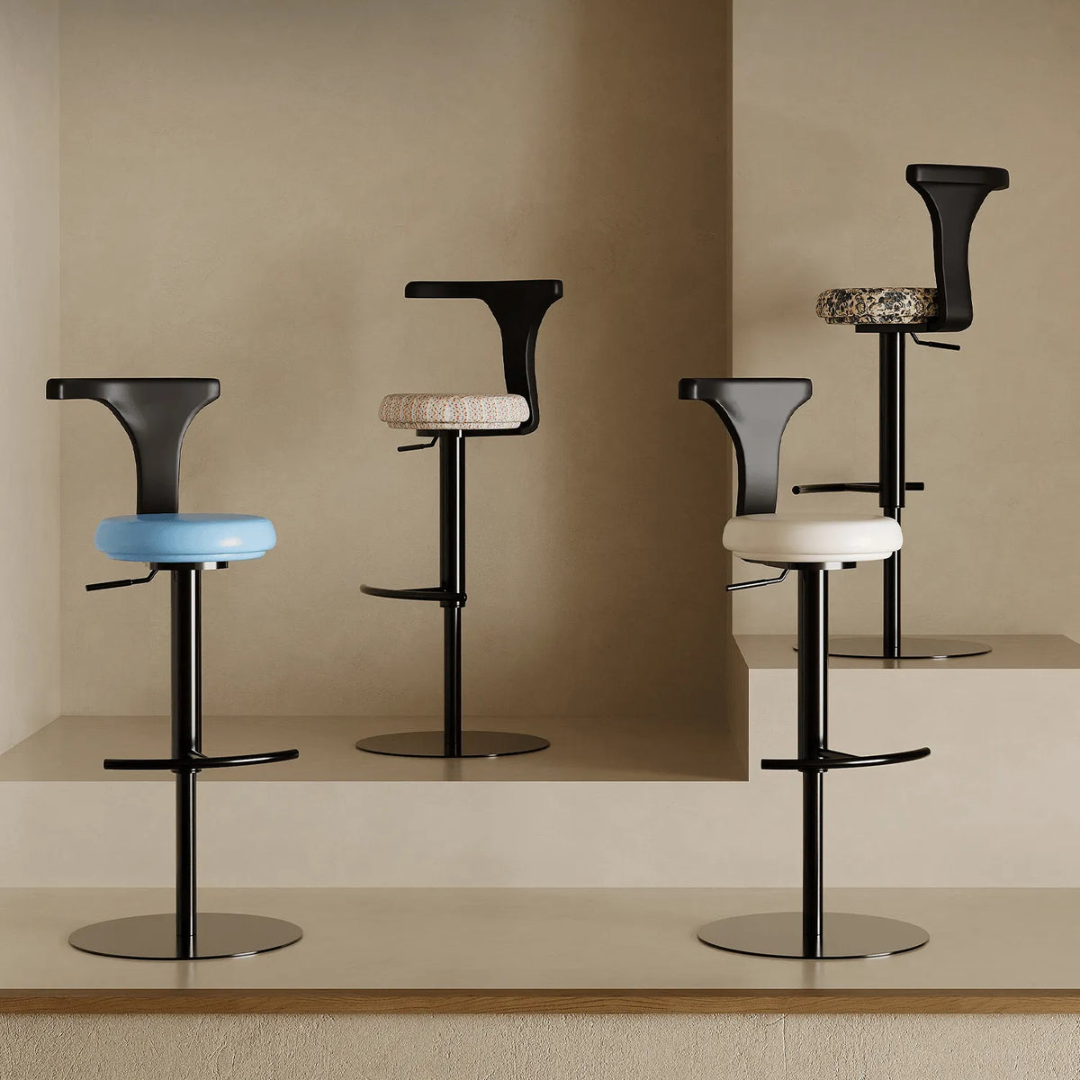 Sculptural Leather Bar Stool with Swivel Lift and Slim Pedestal Base