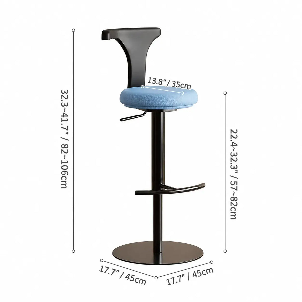 Sculptural Leather Bar Stool with Swivel Lift and Slim Pedestal Base Dimensions