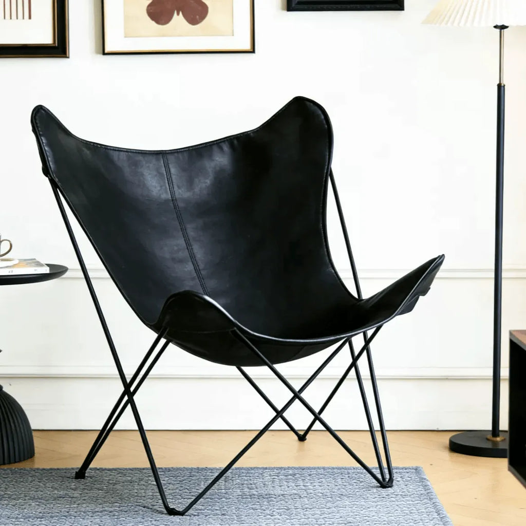 Sculptural Leather Butterfly Chair with Ergonomic Wingback Design