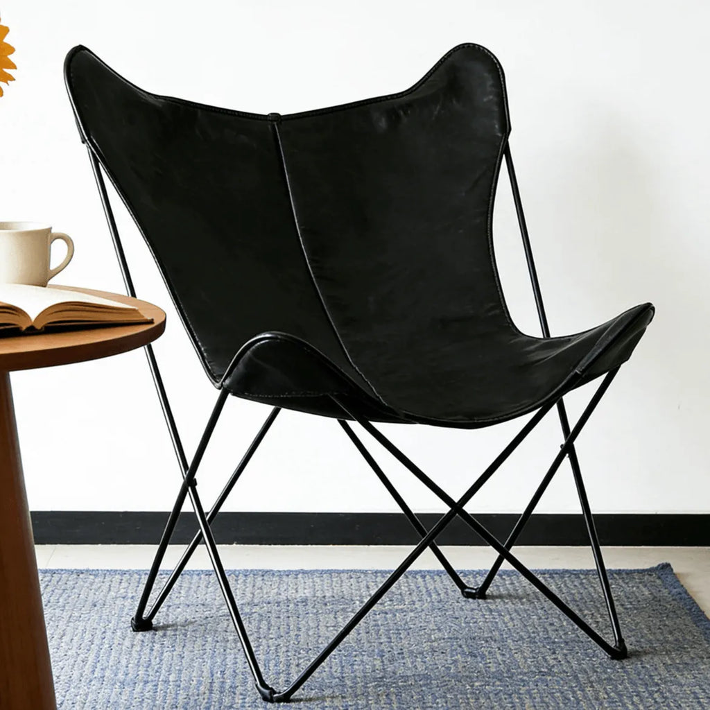 Sculptural Leather Butterfly Chair with Ergonomic Wingback Design