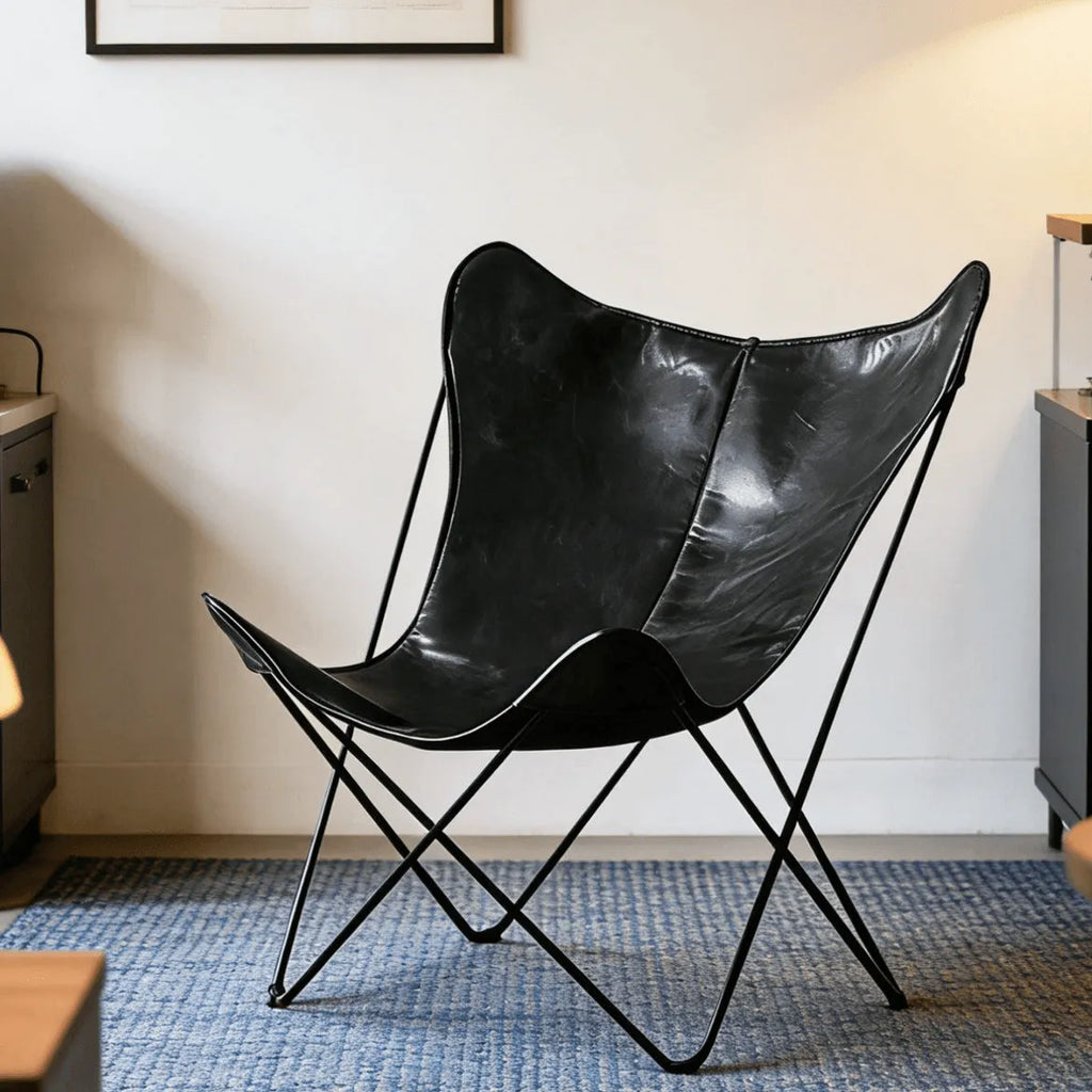 Sculptural Leather Butterfly Chair with Ergonomic Wingback Design