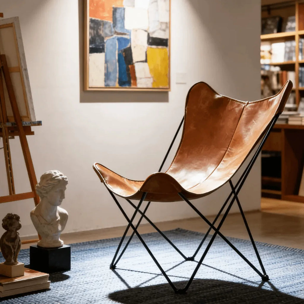 Sculptural Leather Butterfly Chair with Ergonomic Wingback Design