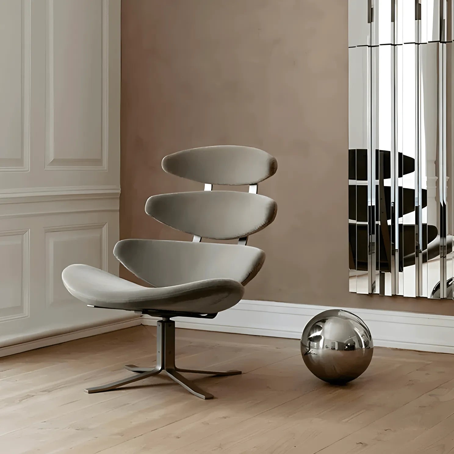 Sculptural Leather Corona Chair and Ottoman with Steel Swivel Base
