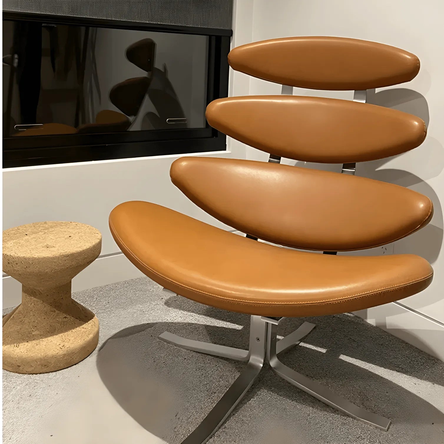 Sculptural Leather Corona Chair and Ottoman with Steel Swivel Base