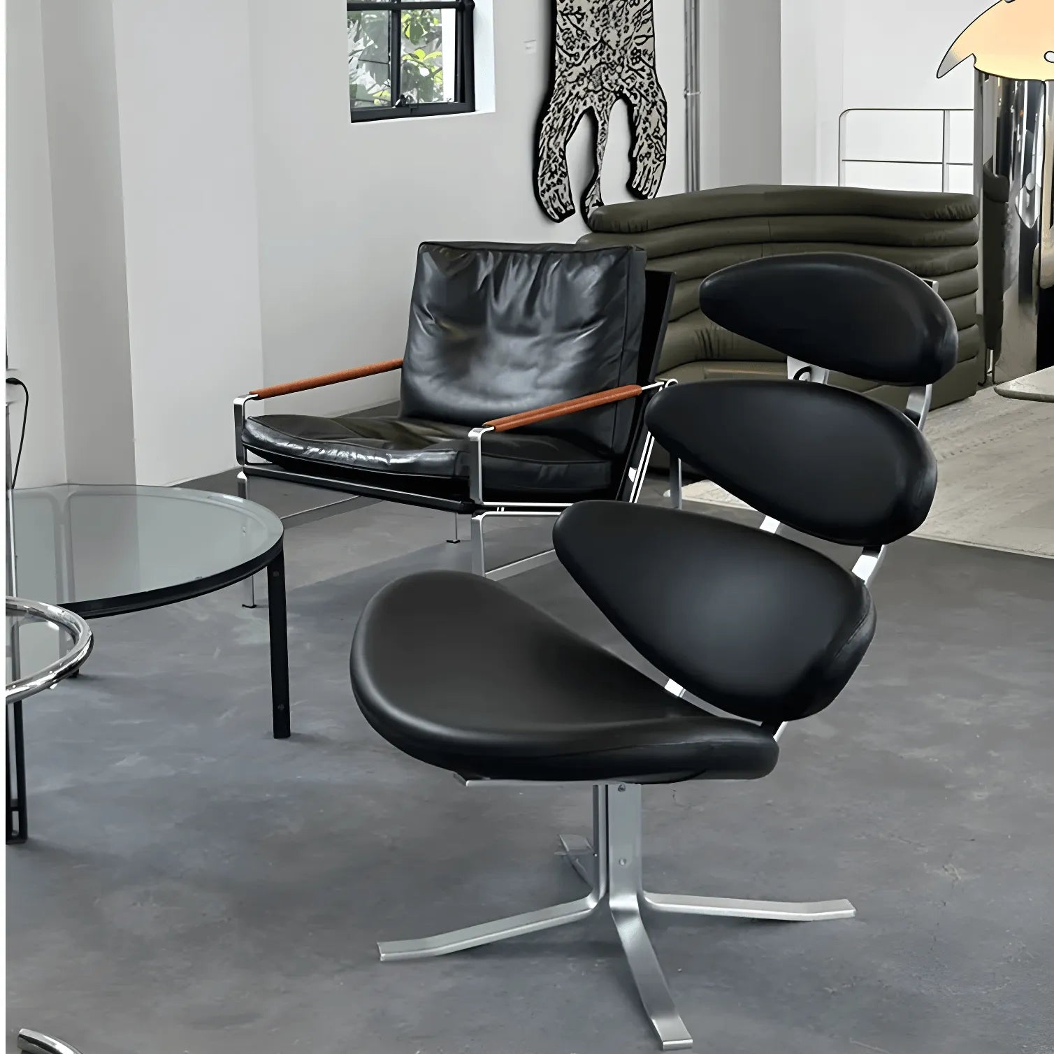 Sculptural Leather Corona Chair and Ottoman with Steel Swivel Base