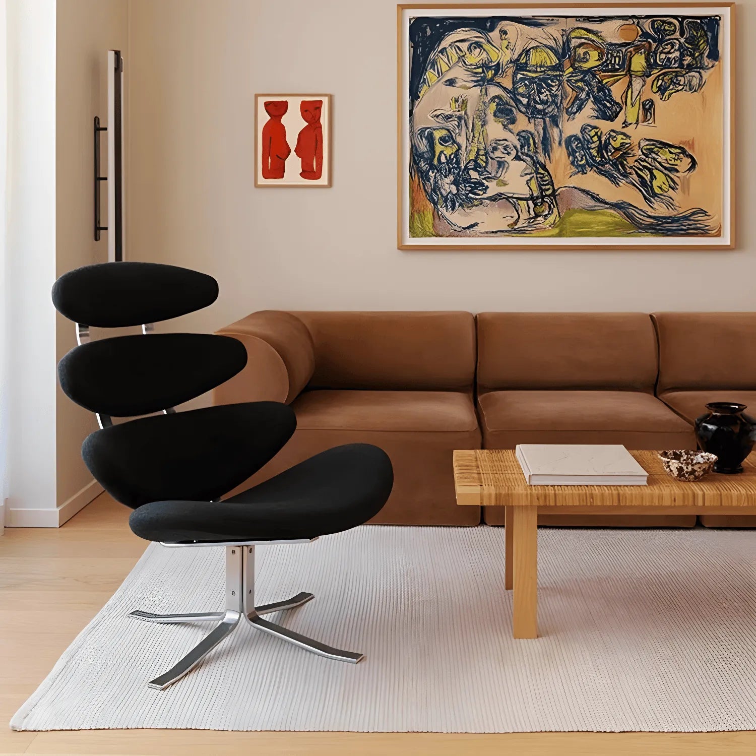 Sculptural Leather Corona Chair and Ottoman with Steel Swivel Base