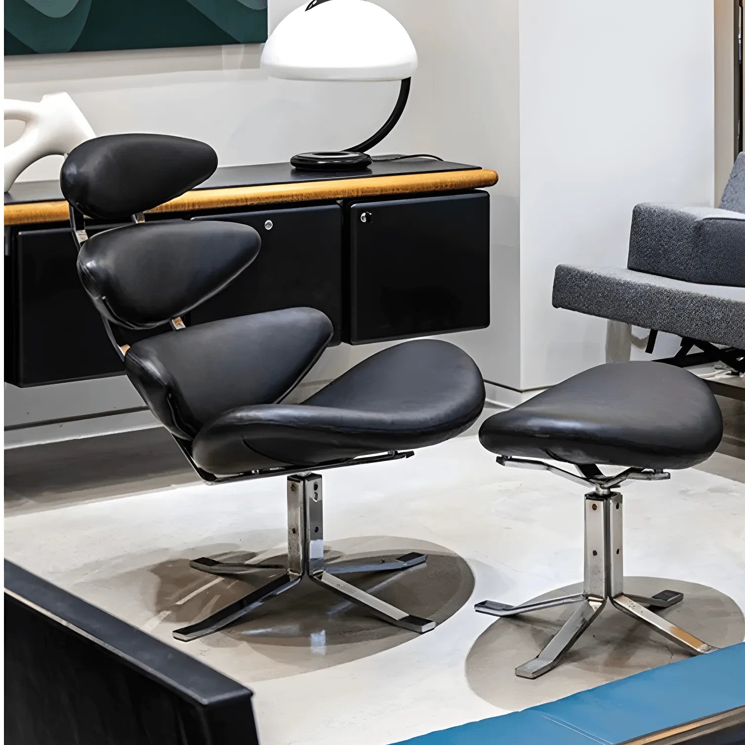 Sculptural Leather Corona Chair and Ottoman with Steel Swivel Base