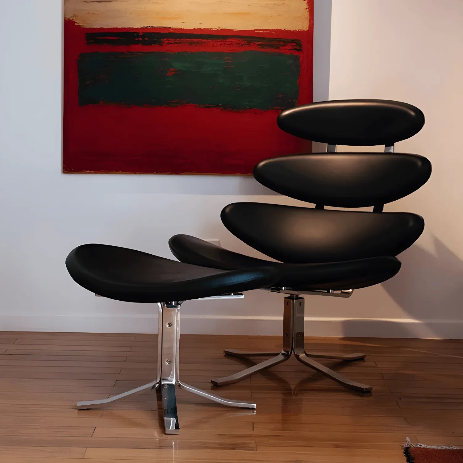 Sculptural Leather Corona Chair and Ottoman with Steel Swivel Base