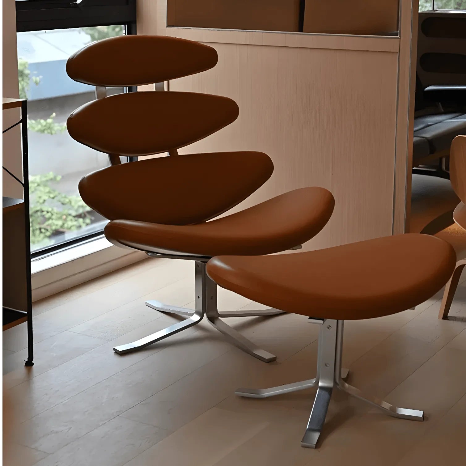 Sculptural Leather Corona Chair and Ottoman with Steel Swivel Base