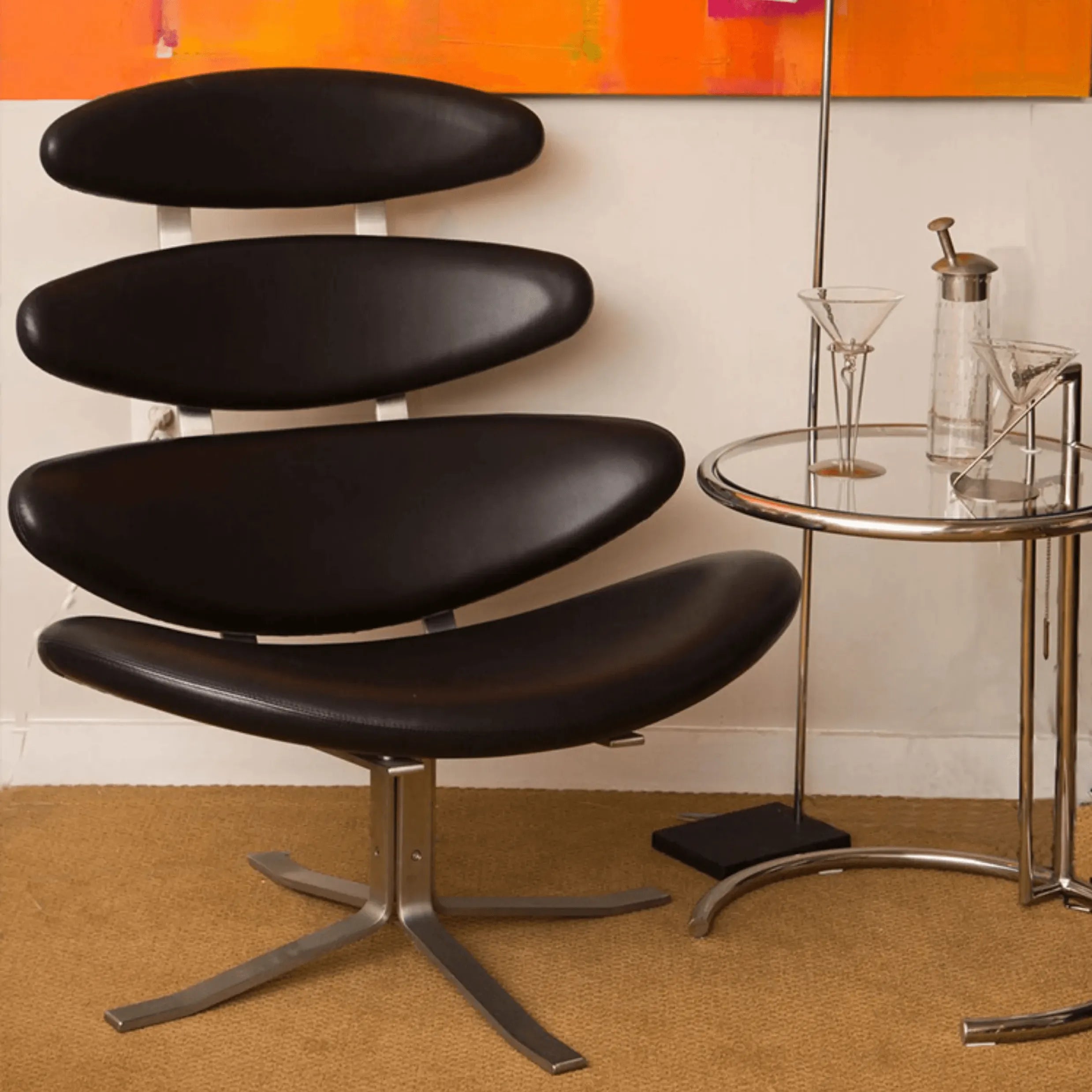 Sculptural Leather Corona Chair and Ottoman with Steel Swivel Base