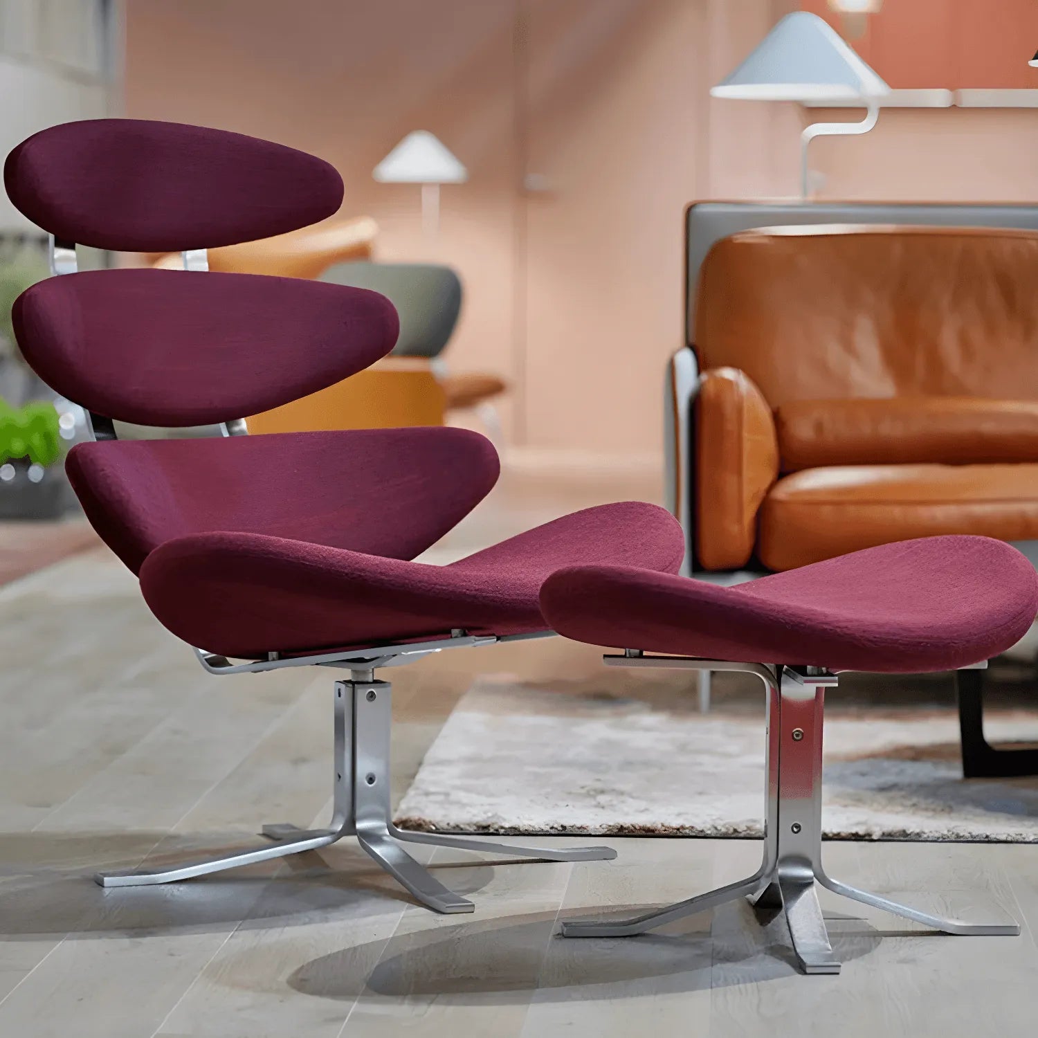 Sculptural Leather Corona Chair and Ottoman with Steel Swivel Base