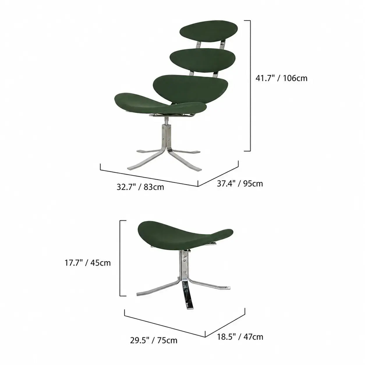 Sculptural Leather Corona Chair and Ottoman with Steel Swivel Base Dimensions