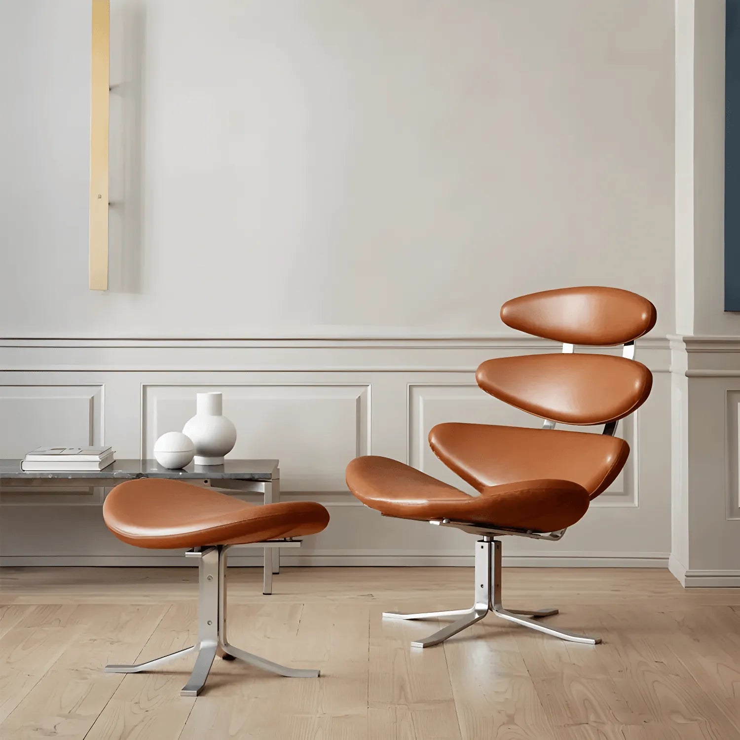 Sculptural Leather Corona Chair and Ottoman with Steel Swivel Base Main Product Image