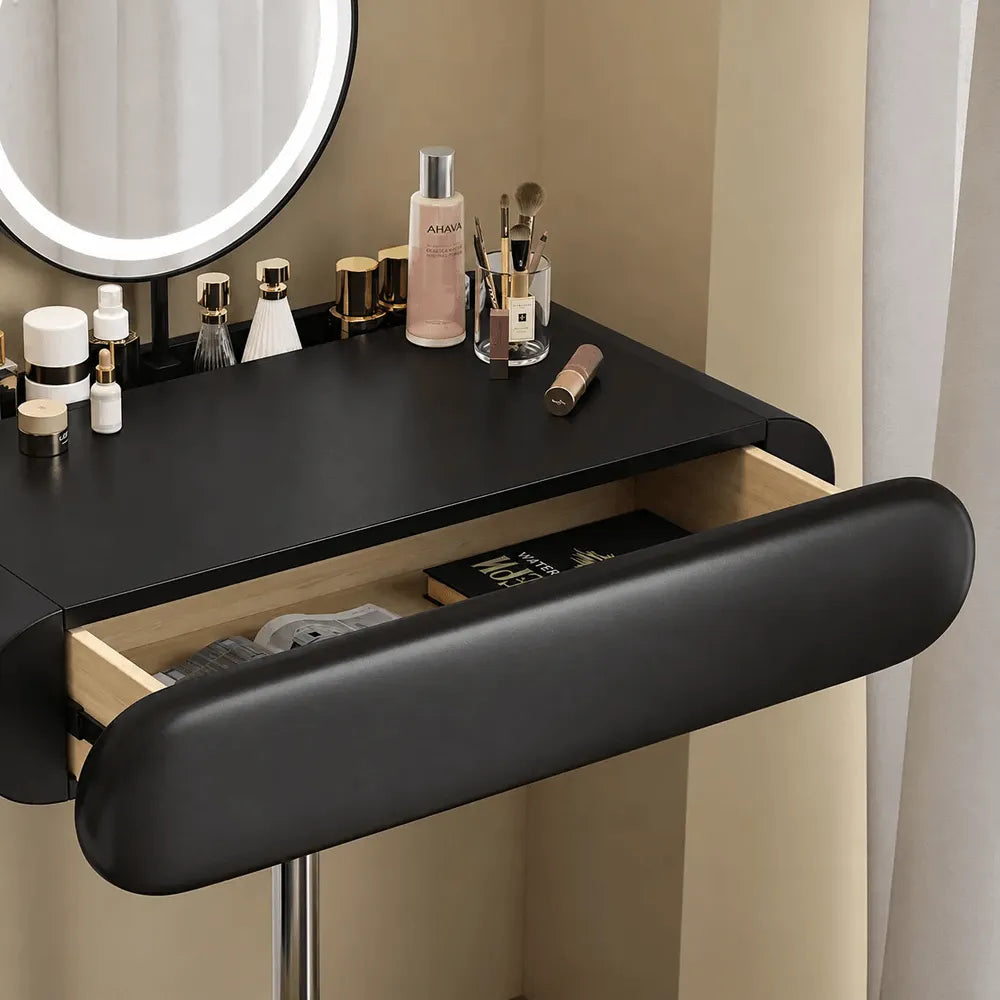 Sculptural Makeup Vanity with Floating Storage and Ring Light Mirror