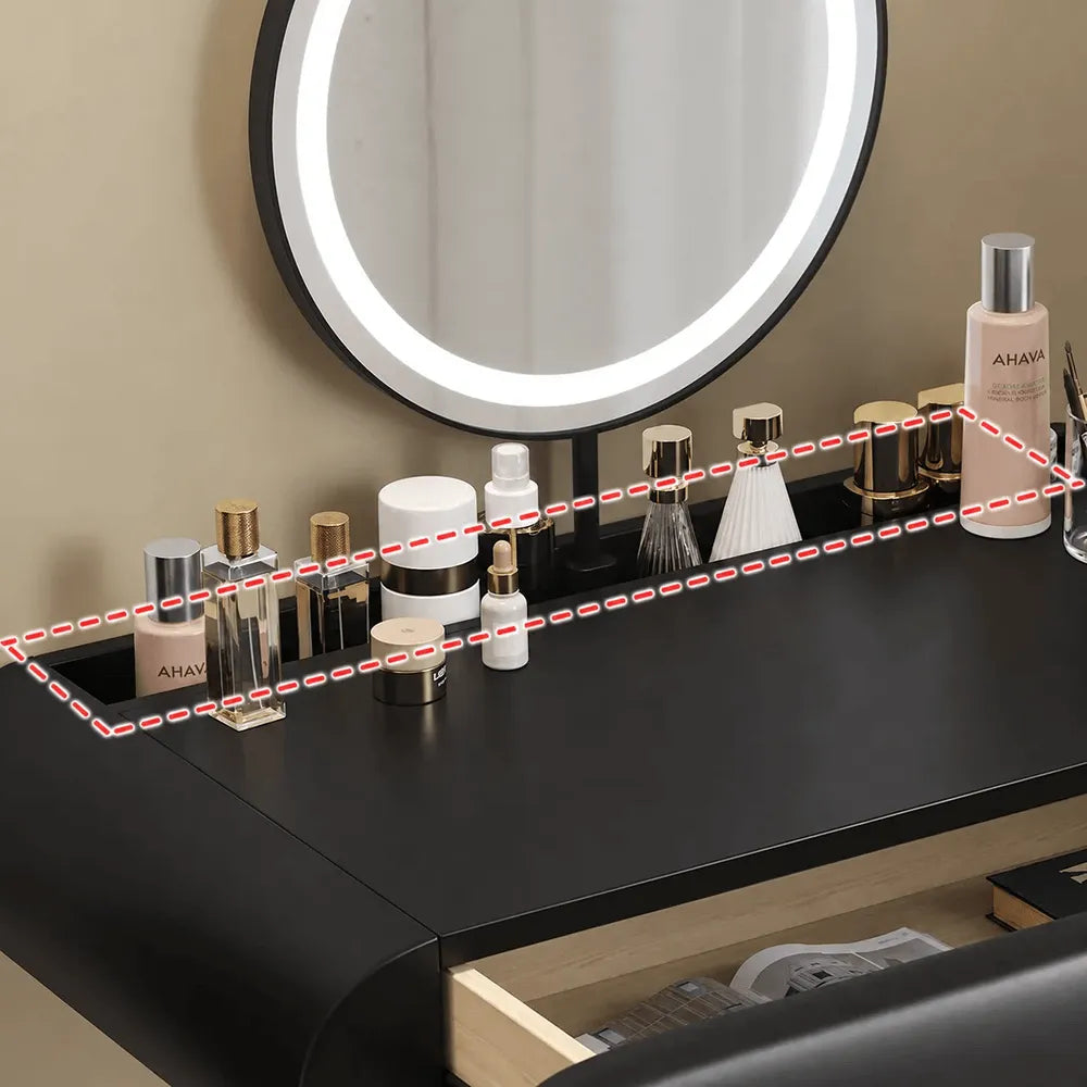 Sculptural Makeup Vanity with Floating Storage and Ring Light Mirror