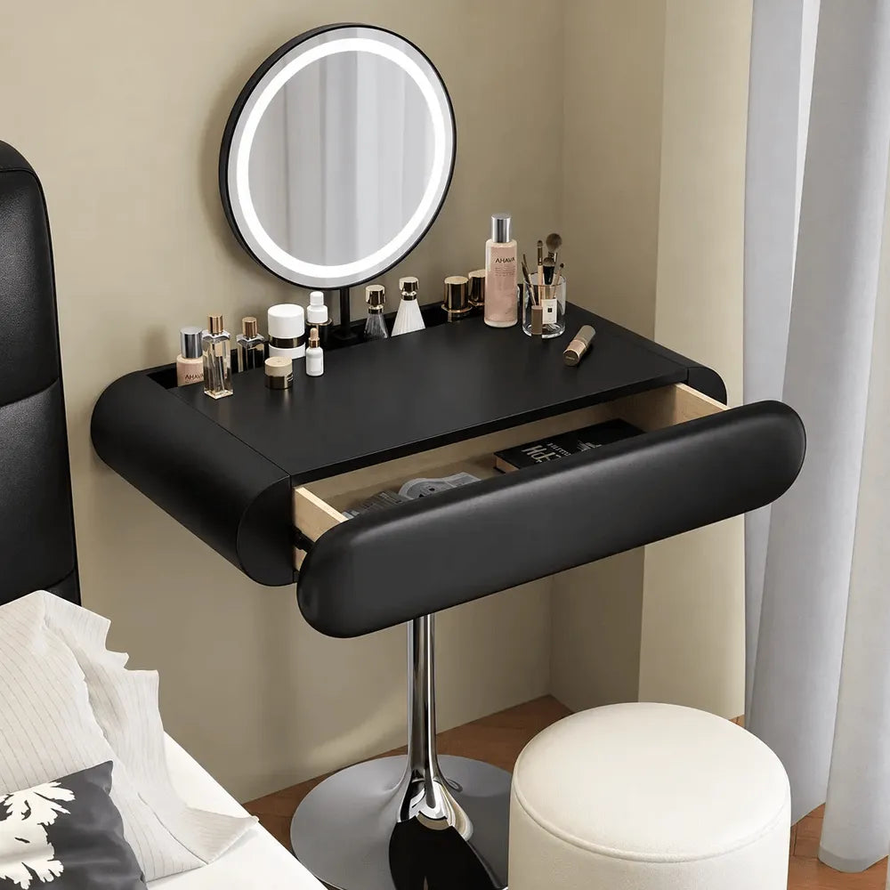 Sculptural Makeup Vanity with Floating Storage and Ring Light Mirror