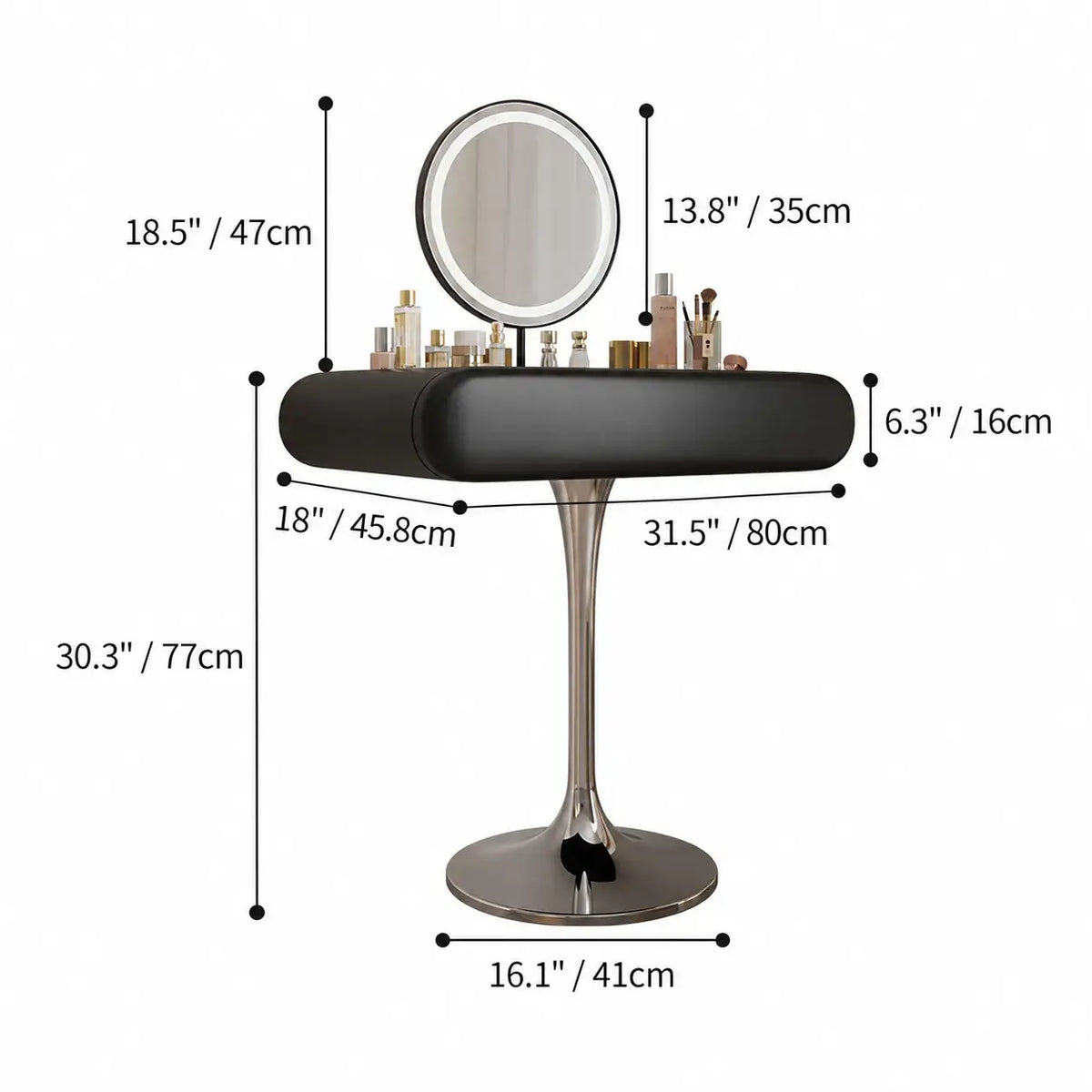 Sculptural Makeup Vanity with Floating Storage and Ring Light Mirror Dimensions