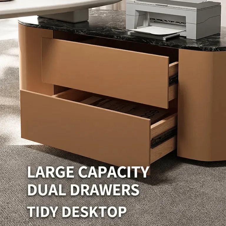 Sculptural Marble-Look Office Desk With Curved Storage Cabinet