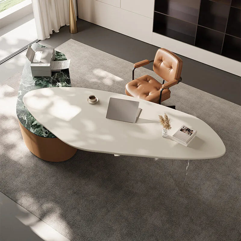 Sculptural Marble-Look Office Desk With Curved Storage Cabinet Imagen secundaria del producto