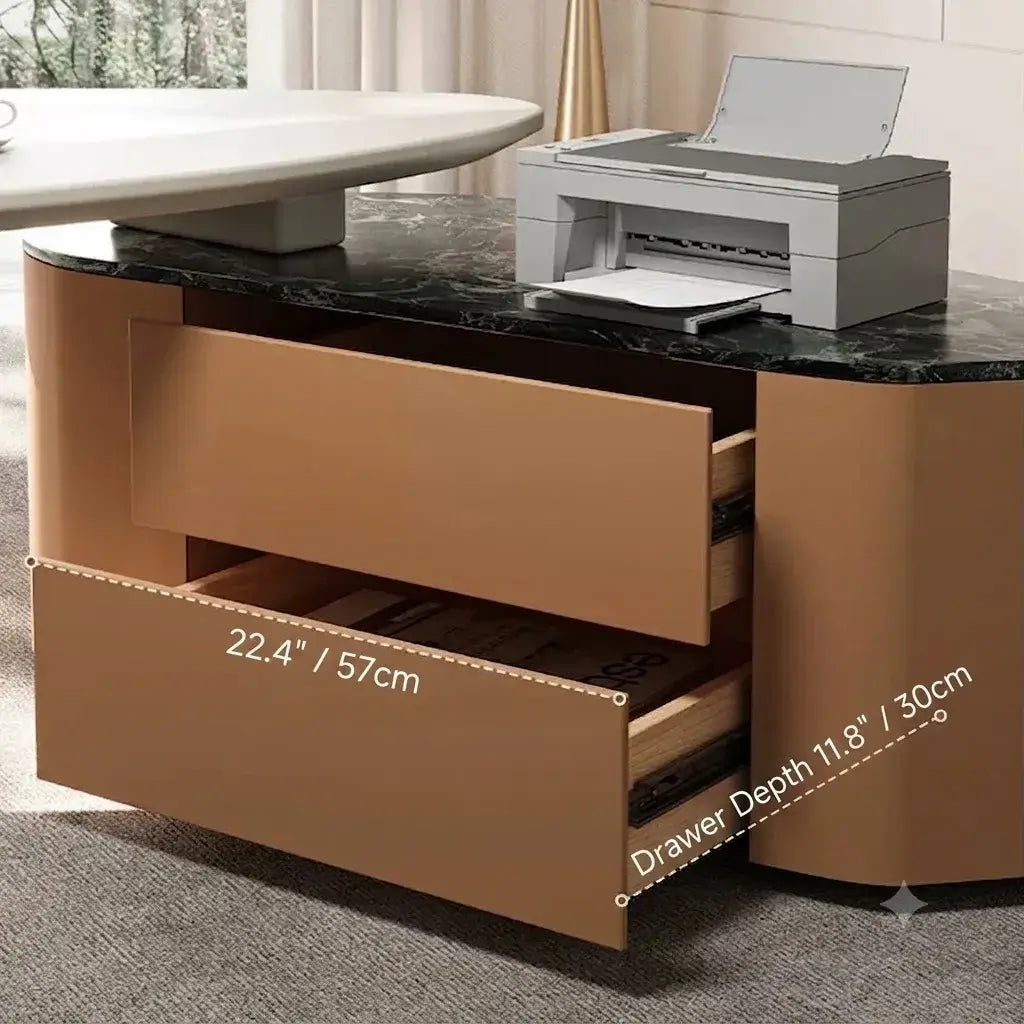 Sculptural Marble-Look Office Desk With Curved Storage Cabinet