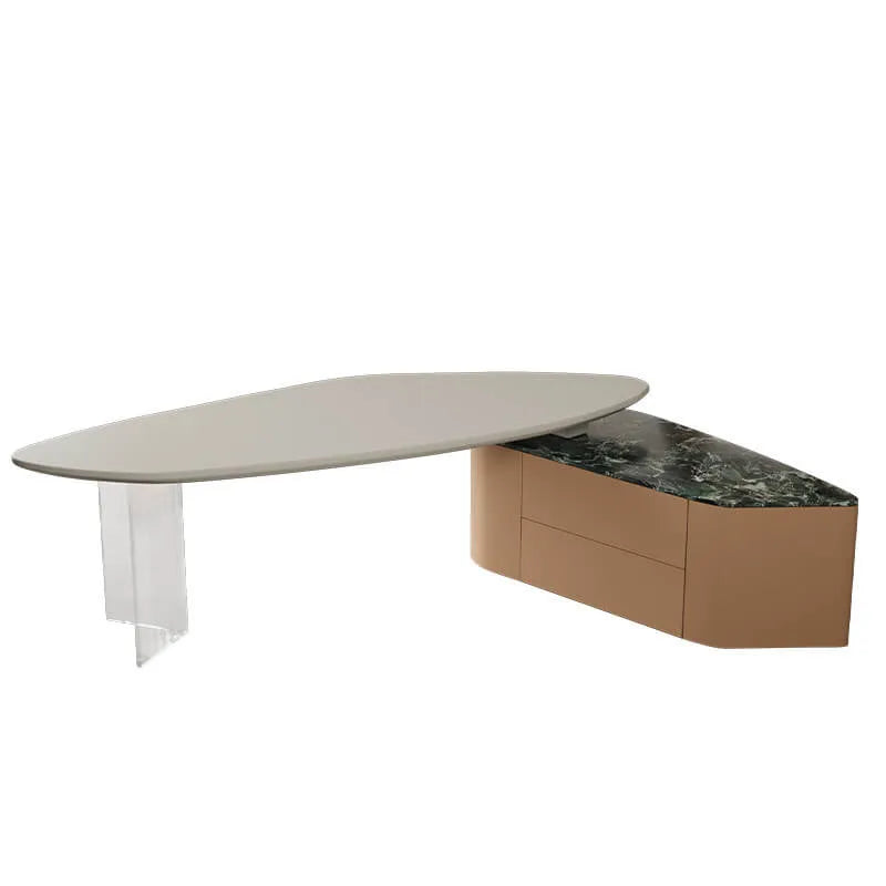 Sculptural Marble-Look Office Desk With Curved Storage Cabinet
