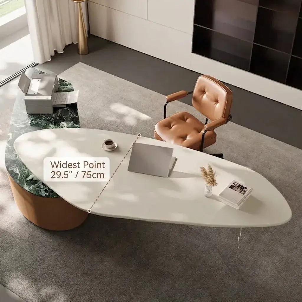Sculptural Marble-Look Office Desk With Curved Storage Cabinet