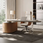 Sculptural Marble-Look Office Desk With Curved Storage Cabinet