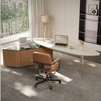 Sculptural Marble-Look Office Desk With Curved Storage Cabinet