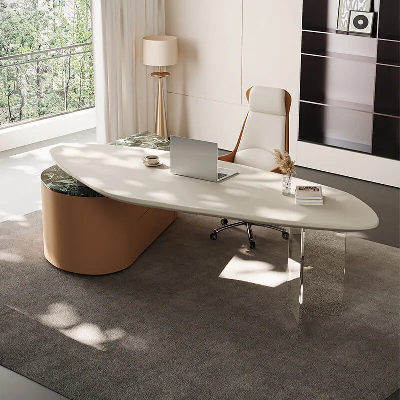 Sculptural Marble-Look Office Desk With Curved Storage Cabinet Main Product Image Imagen principal del producto