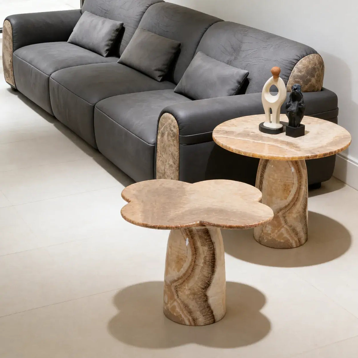 Sculptural Marble Side Table Series, Clover or Round Nested Accent Pair